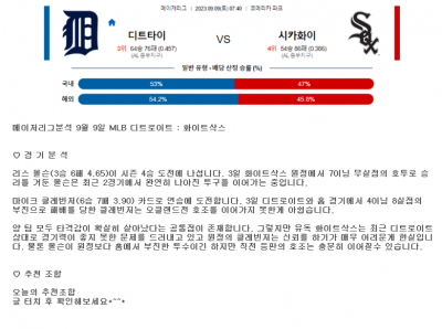 메이저리그분석 9월 9일 MLB 디트로이트 : 화이트삭스