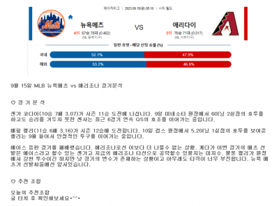 9월 15일 MLB 뉴욕메츠 vs 애리조나 경기분석
