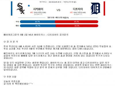 메이저리그분석 9월 2일 MLB 화이트삭스 : 디트로이트 경기분석