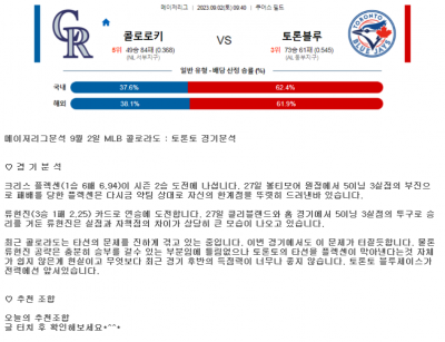 메이저리그분석 9월 2일 MLB 콜로라도 : 토론토 경기분석