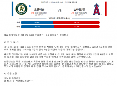 메이저리그분석 9월 2일 MLB 오클랜드 : LA 에인절스 경기분석